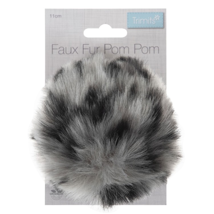 Faux Fur Pom Pom 11cm Grey Leopard